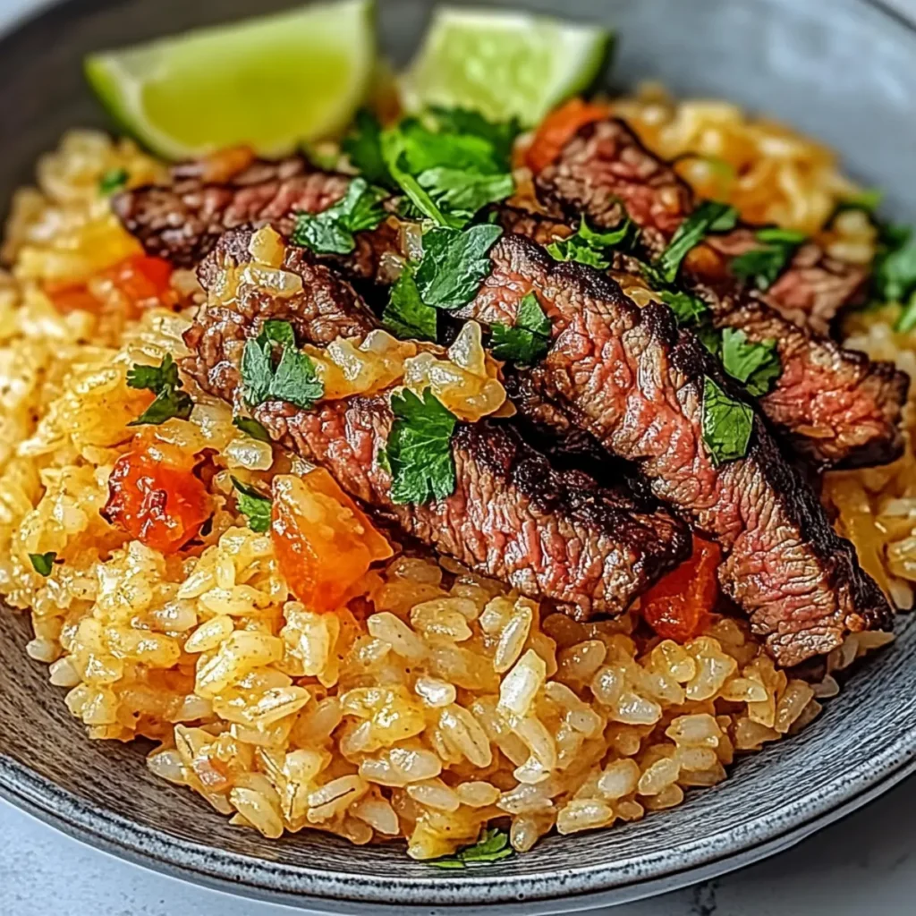 Queso Rice with Steak Strips