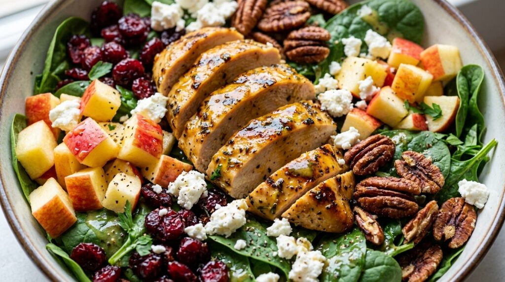 Ultra close-up macro of juicy seared honey mustard chicken breast slices with crisp apples, cranberries, and pecans in salad bowl
