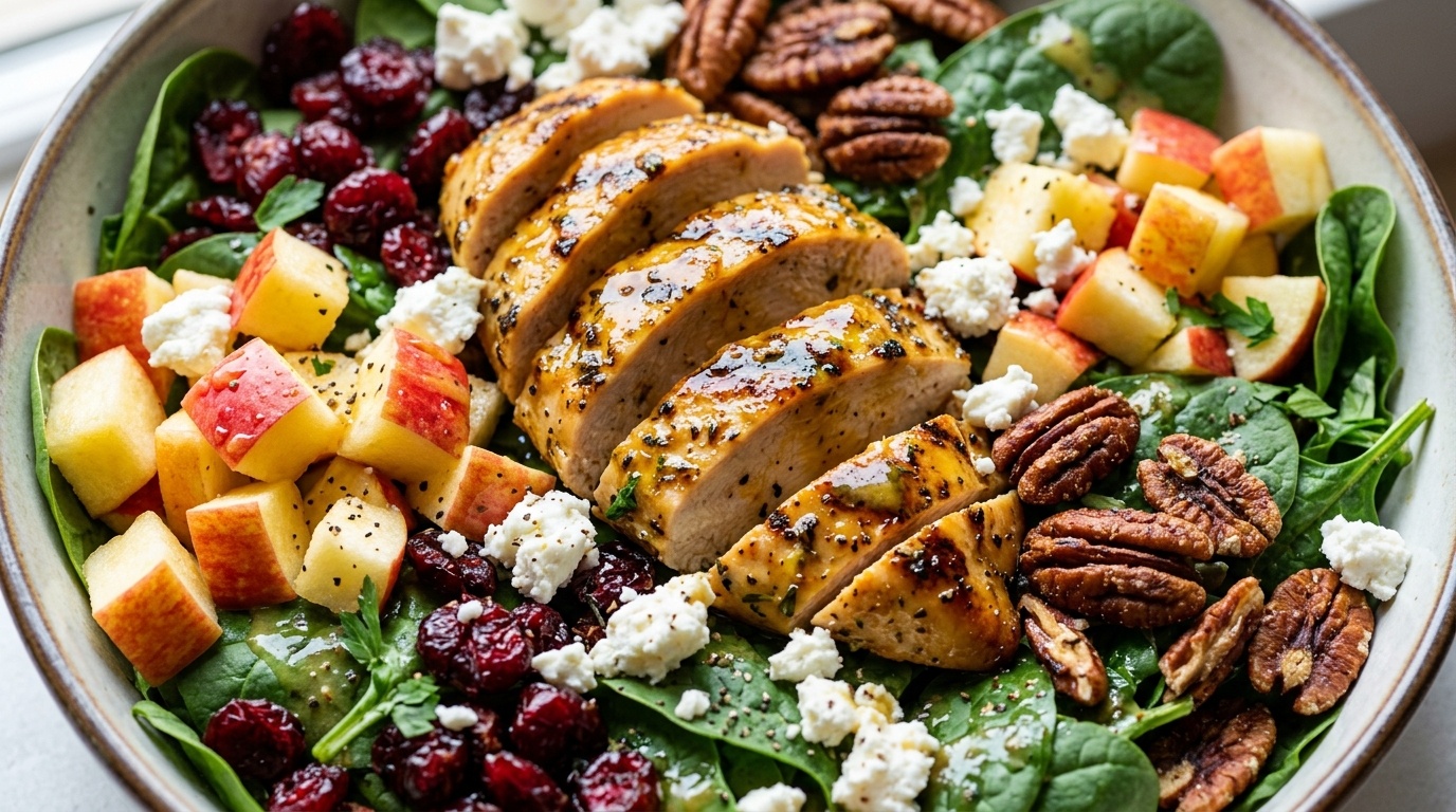 Ultra close-up macro of autumn harvest honey mustard chicken salad bowl with glazed chicken slices, apples, and pecans