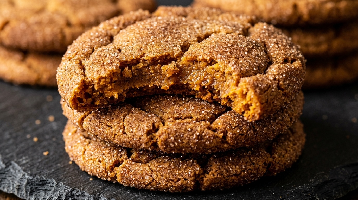 Ultra close-up macro of chewy brown butter pumpkin snickerdoodles with crackled cinnamon sugar crust and tender chewy center