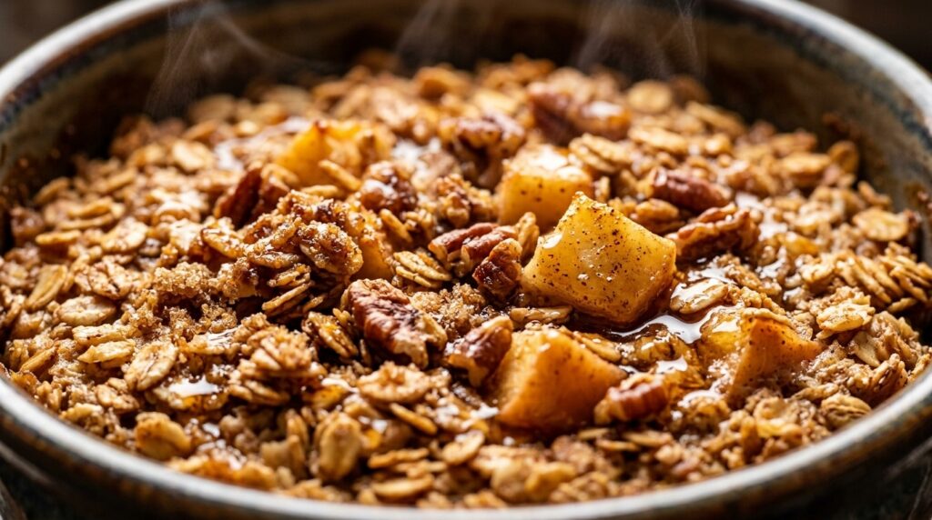 Ultra close-up macro of freshly baked golden apple cinnamon oatmeal with tender spiced apples and toasted pecans