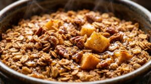 Ultra close-up macro of freshly baked golden apple cinnamon oatmeal with tender spiced apples and toasted pecans