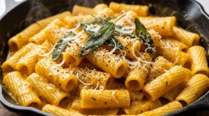 Ultra close-up macro of creamy butternut squash rigatoni coated in velvety golden parmesan sauce topped with crispy fried sage leaves in skillet