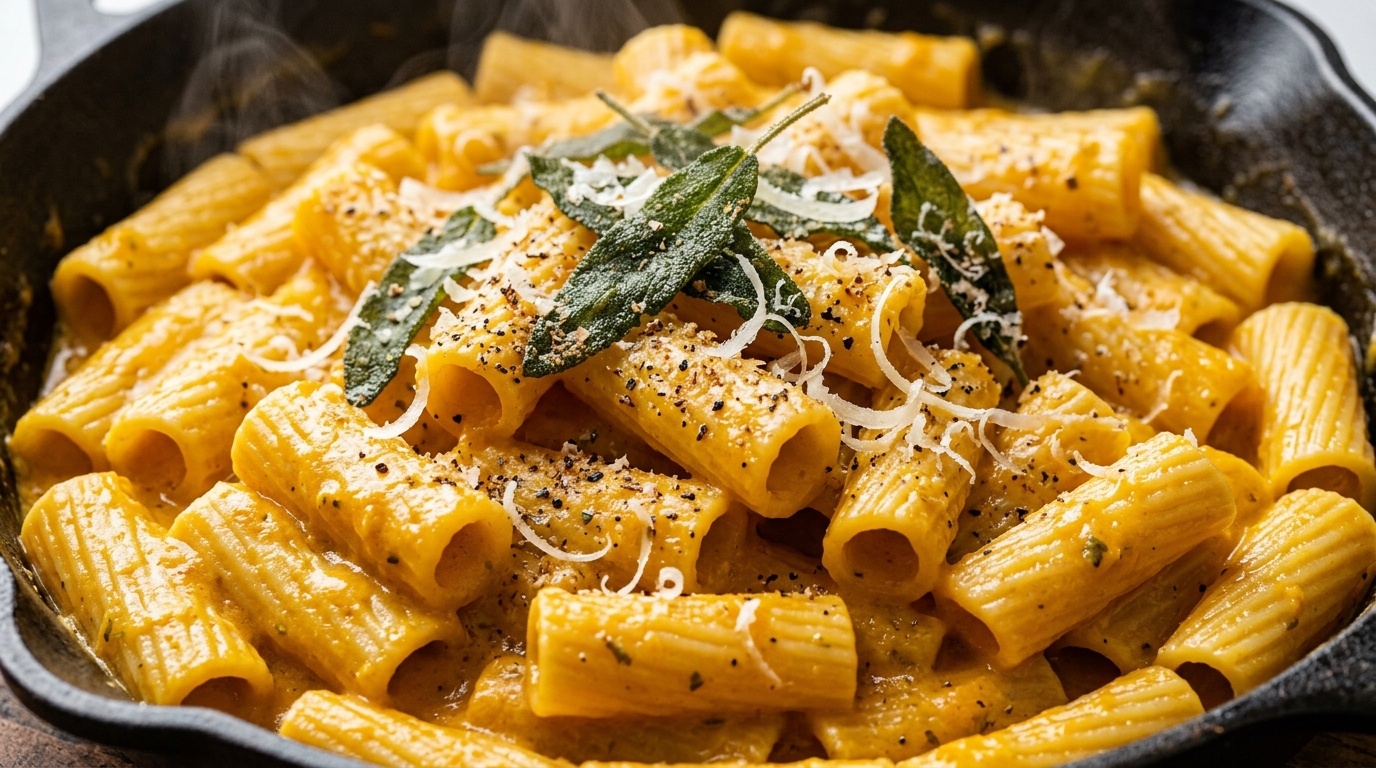 Ultra close-up macro of creamy butternut squash rigatoni coated in glossy golden sauce and topped with crispy fried sage