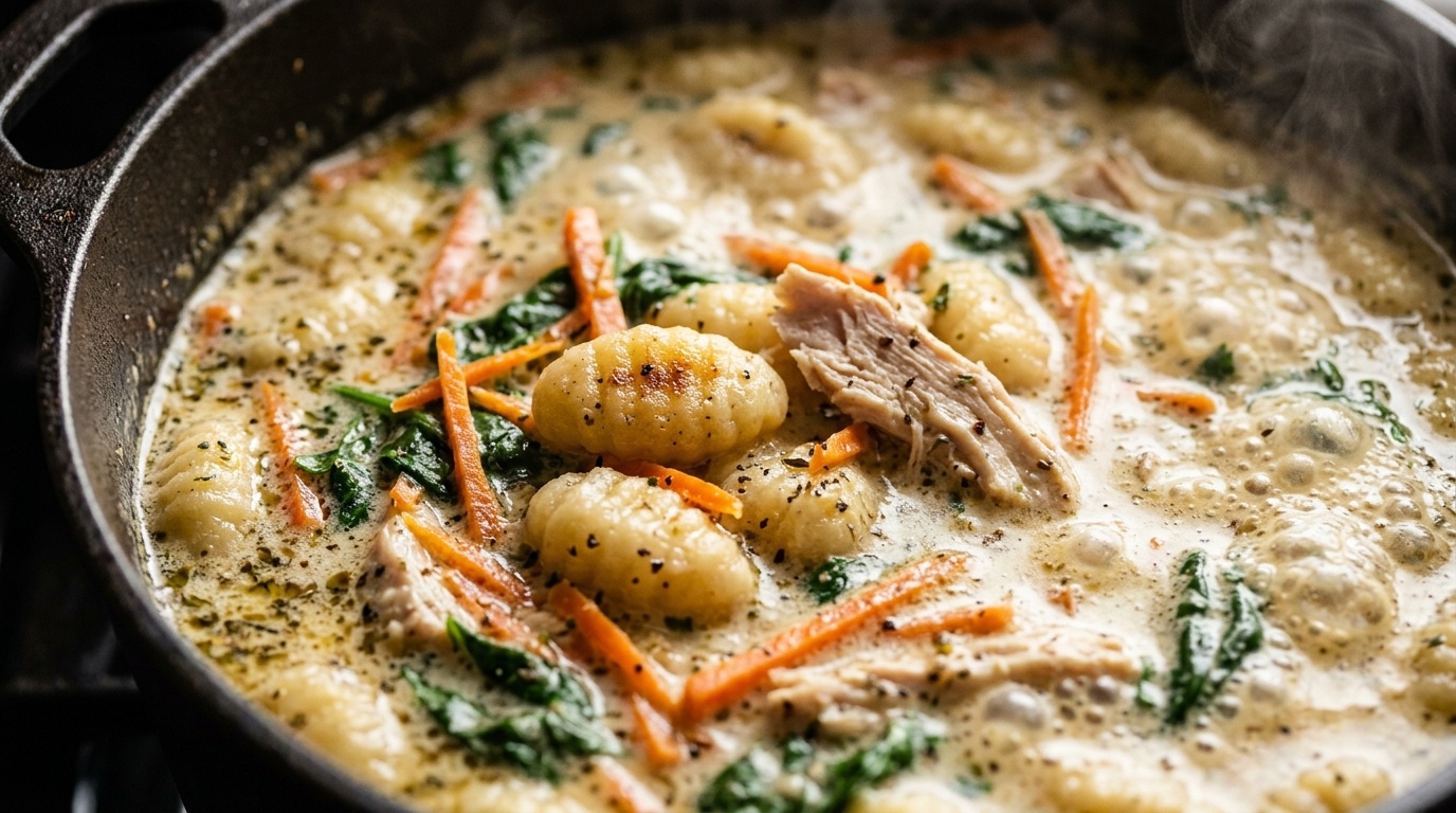 Creamy chicken gnocchi soup bubbling in cast iron Dutch oven pot