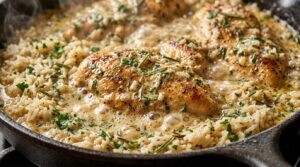 Ultra close-up macro of creamy garlic herb chicken and rice bubbling in skillet