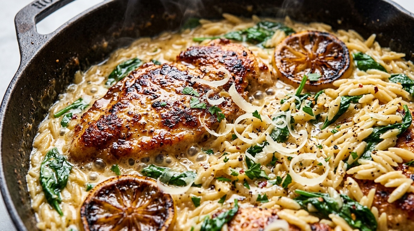 Ultra close-up macro of seared chicken breast cutlet nestled into bubbling creamy lemon parmesan orzo with spinach in cast iron skillet