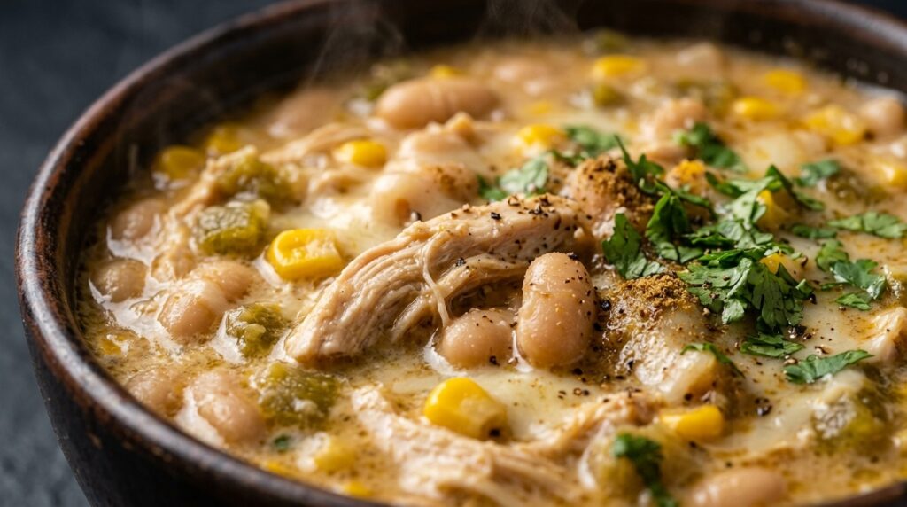 Ultra close-up macro of cozy creamy white bean chicken chili with tender shredded chicken, cannellini beans, sweet corn, and melted Monterey Jack cheese