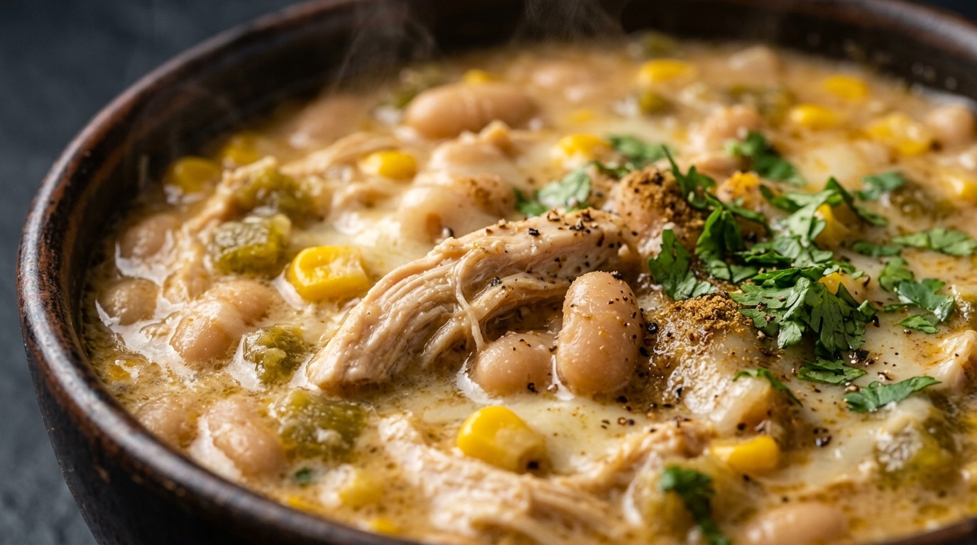 Ultra close-up macro of cozy creamy white bean chicken chili with tender shredded chicken, beans, corn, and melted cheese