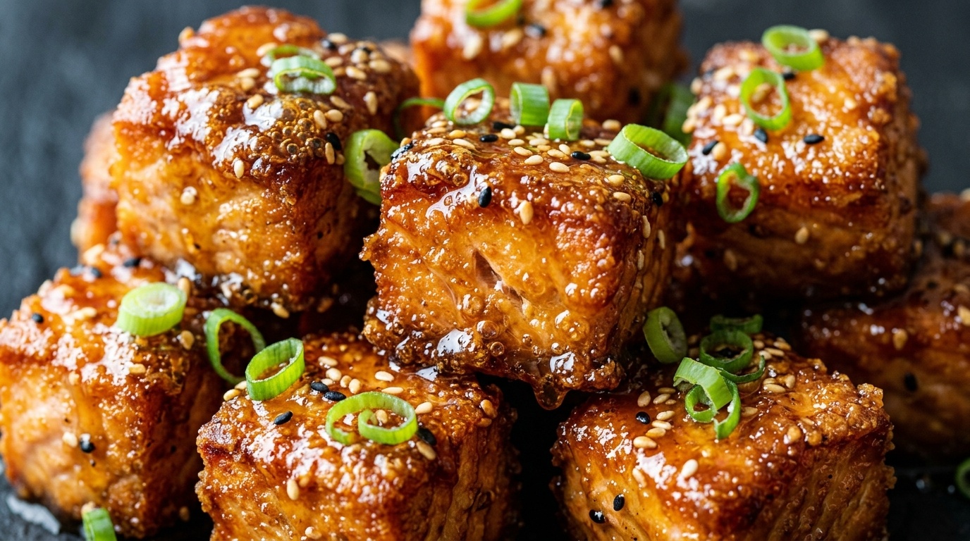 Ultra close-up macro of crispy honey garlic salmon bites coated in bubbling glossy glaze with toasted sesame seeds