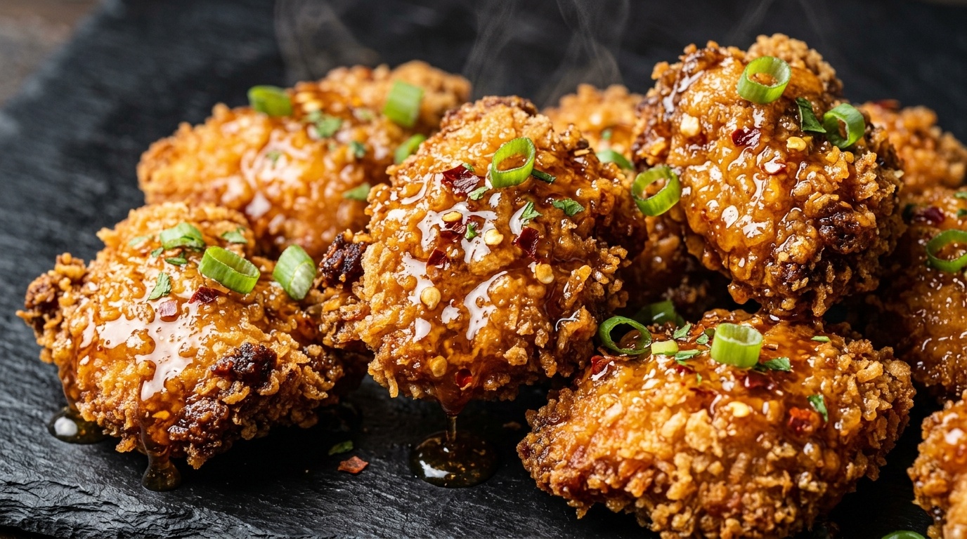Ultra close-up macro of crispy golden hot honey chicken bites glistening with spicy sweet honey glaze and green scallions