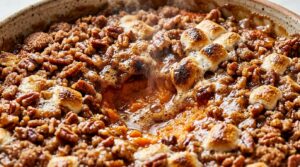 Ultra close-up macro of freshly baked loaded sweet potato casserole with bubbling brown sugar pecan streusel and toasted marshmallows