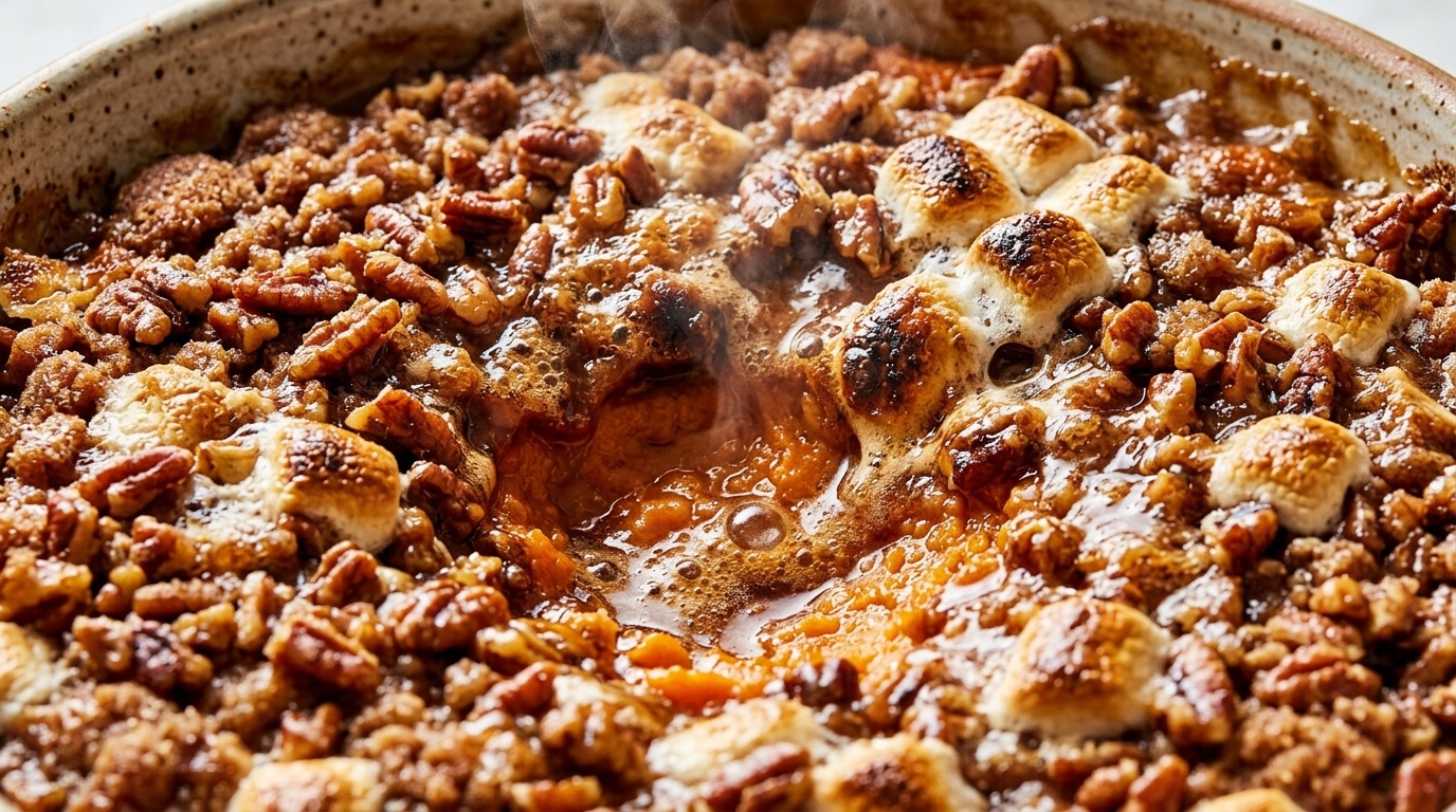 Ultra close-up macro of bubbling freshly baked sweet potato casserole with toasted brown sugar pecans and golden melted marshmallows