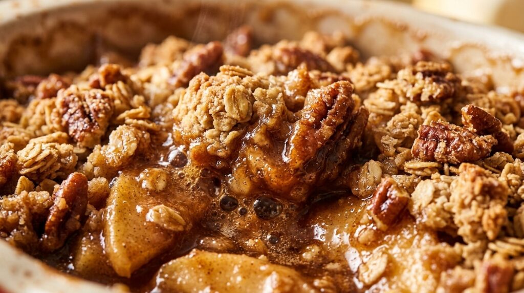 Ultra close-up macro of freshly baked bubbly warm apple crisp with crunchy golden oat streusel clusters and toasted pecans