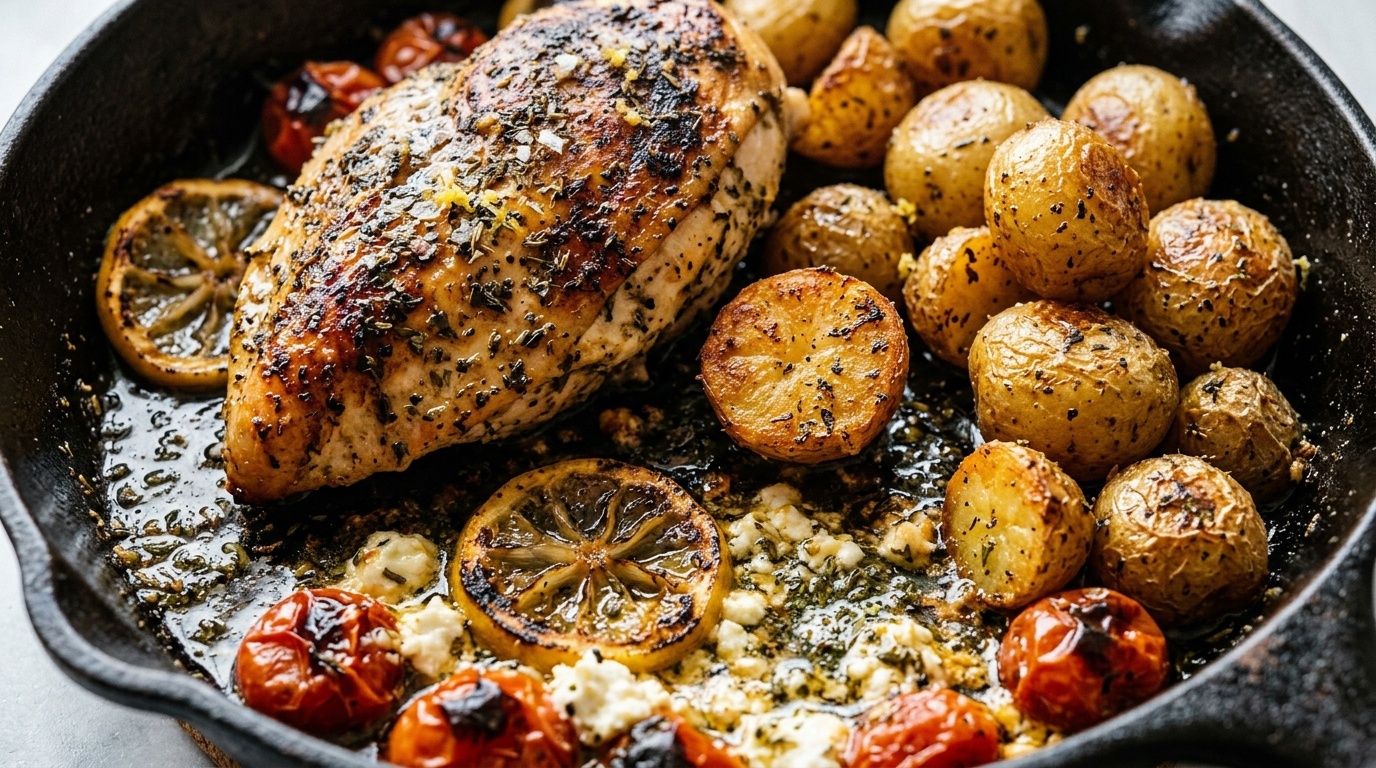Ultra close-up macro of roasted Greek lemon herb chicken breast and crispy golden potatoes with crumbled feta and blistered tomatoes