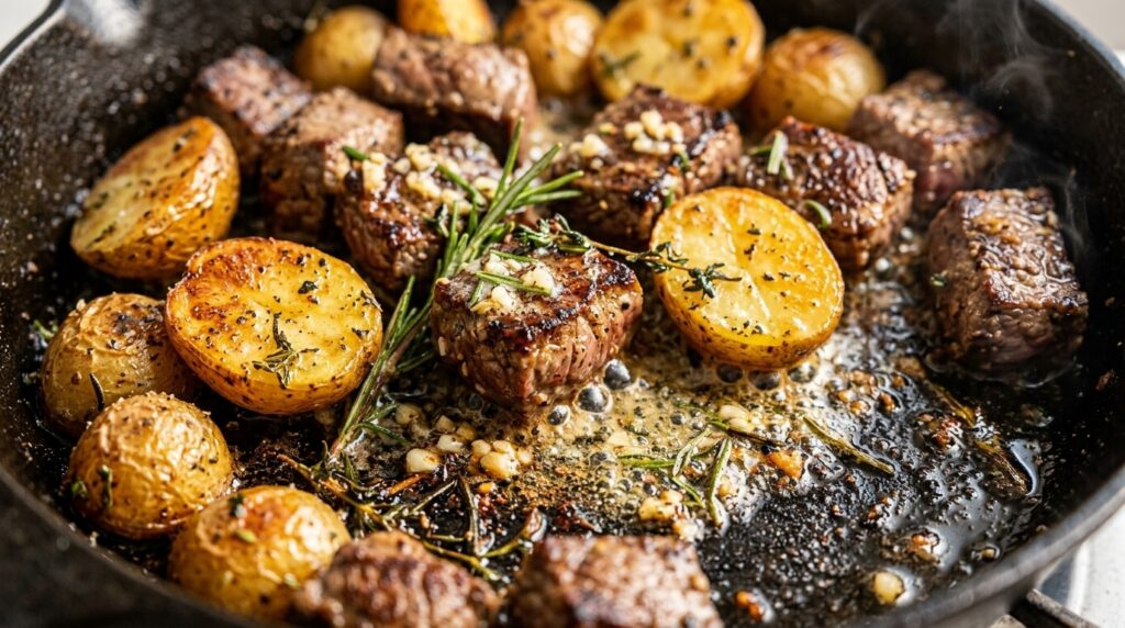 Macro close-up of golden seared garlic butter steak bites and crispy halved baby yukon potatoes bubbling in garlic herb butter