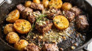 Macro close-up of golden seared garlic butter steak bites and crispy halved baby yukon potatoes bubbling in garlic herb butter