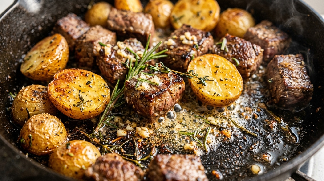 Ultra close-up macro of sizzling garlic butter steak bites and crispy golden baby potatoes in cast iron skillet