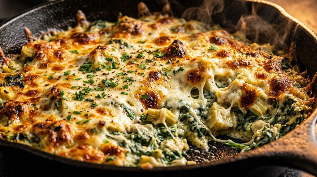 Ultra close-up macro of bubbling golden brown baked hot spinach artichoke dip with melted mozzarella pull in cast iron skillet
