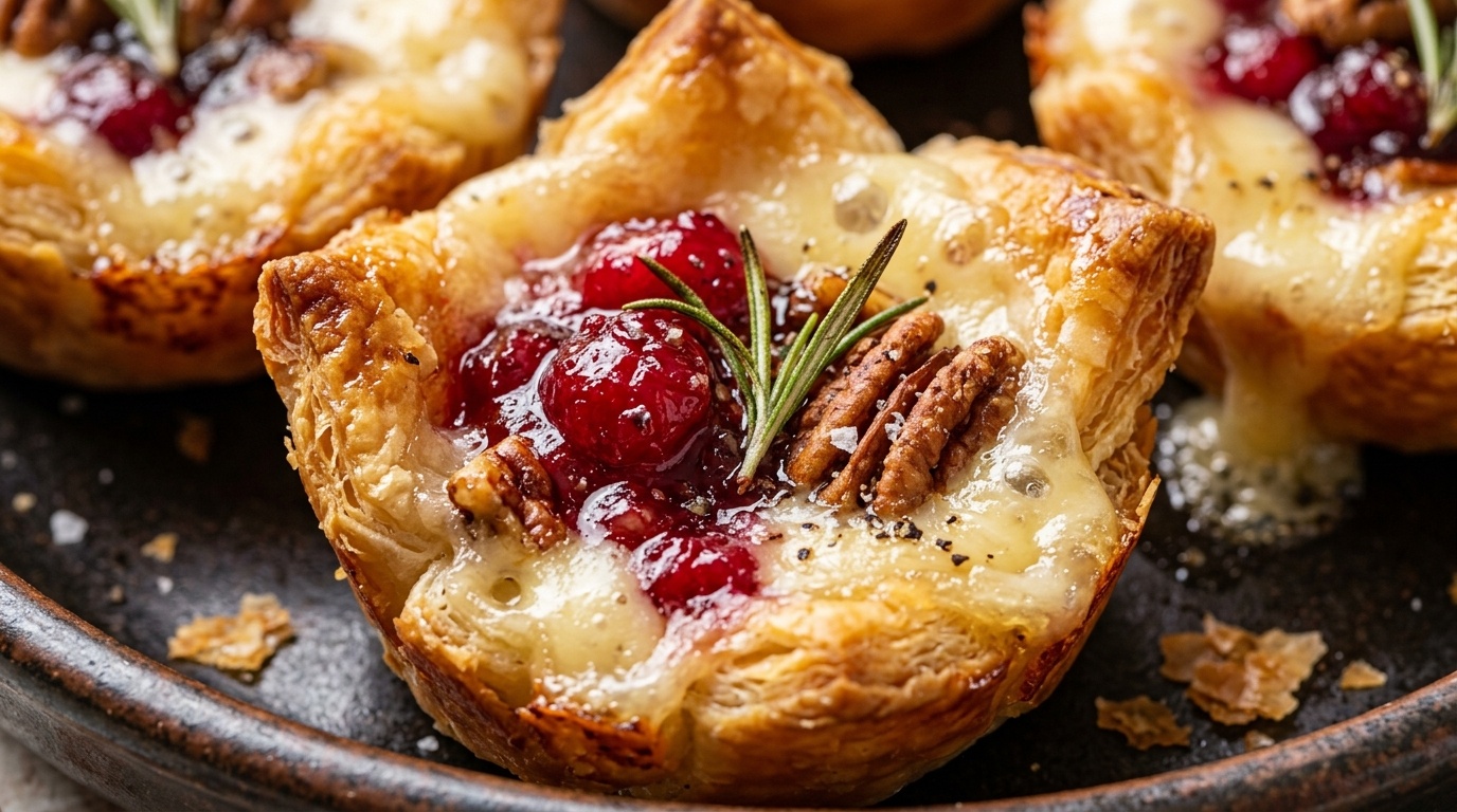 Ultra close-up macro of warm cranberry pecan brie puff pastry bites with melted cheese and ruby cranberry glaze