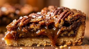 Ultra close-up macro of sliced chewy brown butter pecan pie bars with gooey maple caramel pull and toasted pecans
