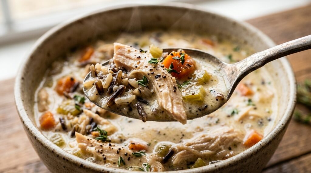 Ultra close-up macro of a spoonful of creamy chicken and wild rice soup with tender chicken, wild rice, and herb cream broth