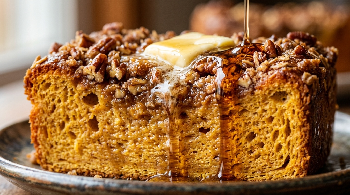 Ultra close-up macro of sliced pumpkin spice brioche French toast bake with maple syrup drip and pecan streusel
