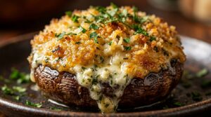 Ultra close-up macro of golden crispy garlic herb parmesan stuffed mushroom with molten savory filling and toasted panko topping