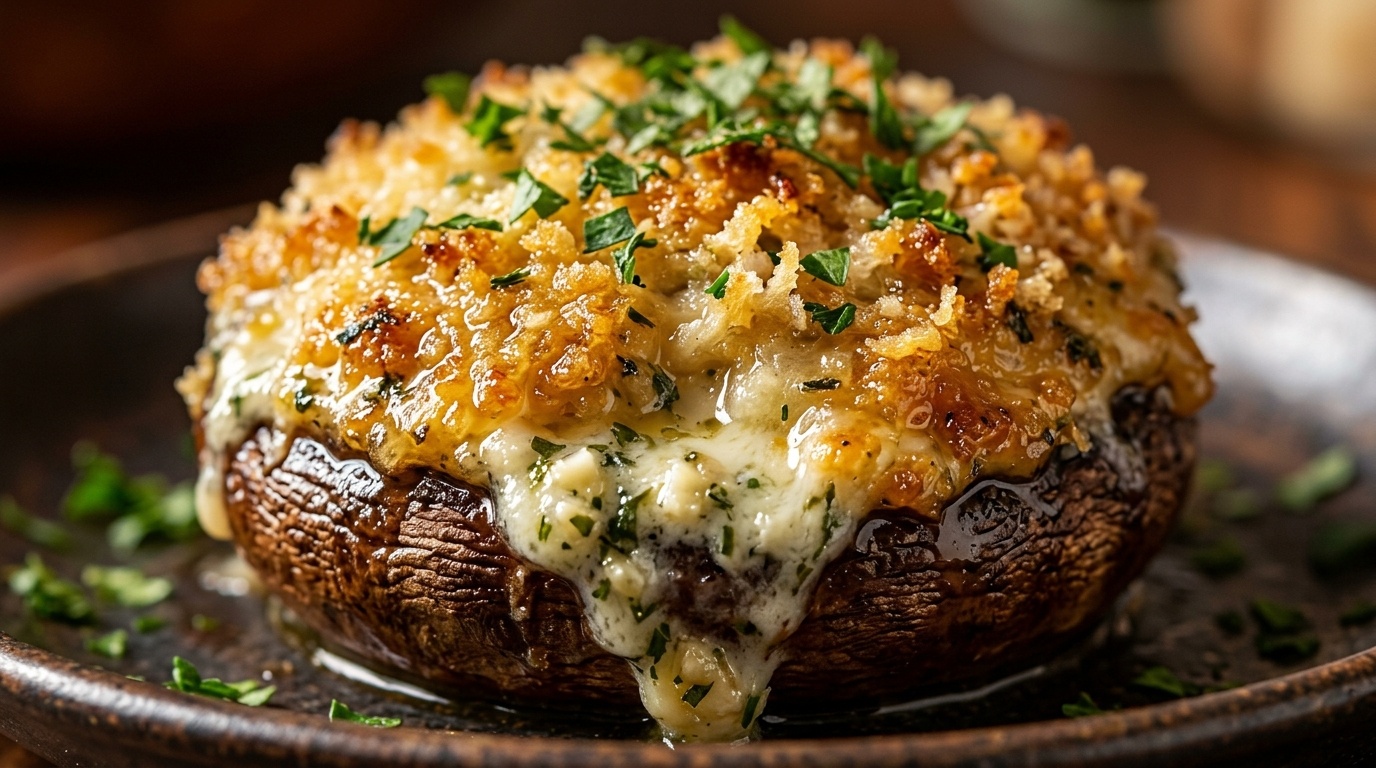 Ultra close-up macro of golden crispy garlic herb parmesan stuffed mushroom with molten savory filling and toasted panko topping