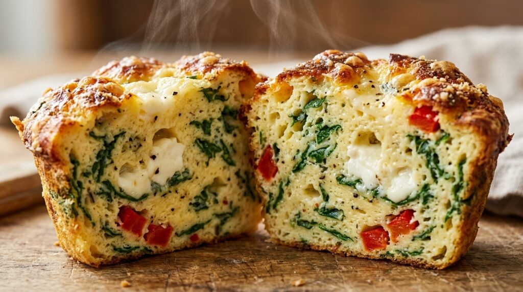 Ultra close-up macro of warm fluffy baked spinach and feta breakfast egg muffins sliced in half with custard texture and melted cheese