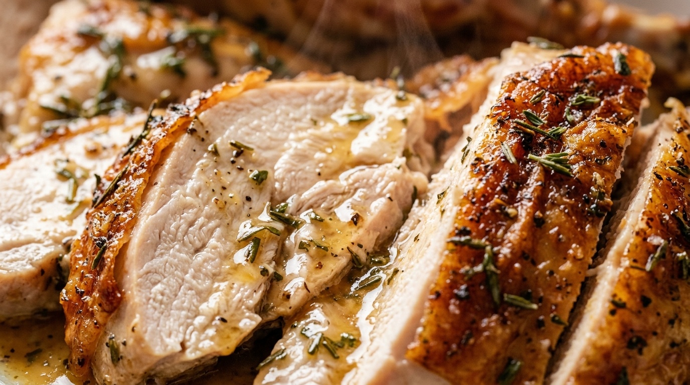 Ultra close-up macro of carved slices of juicy roasted turkey breast with herb butter pan juices and crackling crisp skin