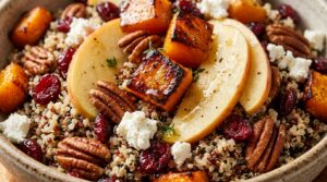 Ultra close-up macro of warm fall harvest salad bowl with roasted butternut squash, Honeycrisp apples, quinoa, pecans, and goat cheese