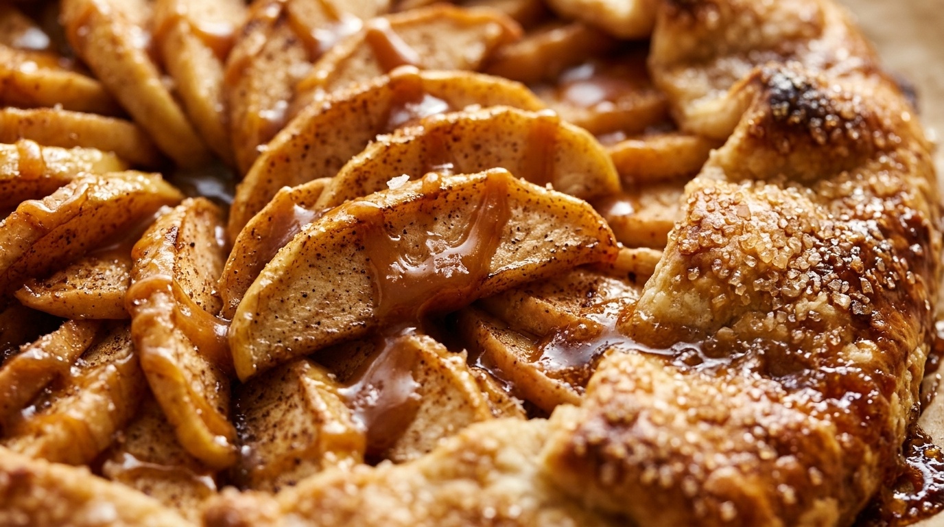 Ultra close-up macro of rustic salted caramel apple galette with flaky golden crust and sparkling sugar