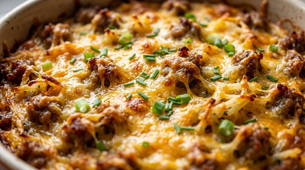 Ultra close-up macro of bubbling golden brown sausage hashbrown breakfast casserole with melted sharp cheddar cheese and green onions