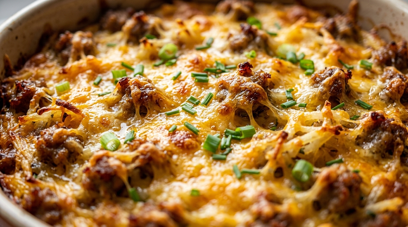 Ultra close-up macro of bubbling golden brown sausage hashbrown breakfast casserole with melted sharp cheddar cheese and green onions