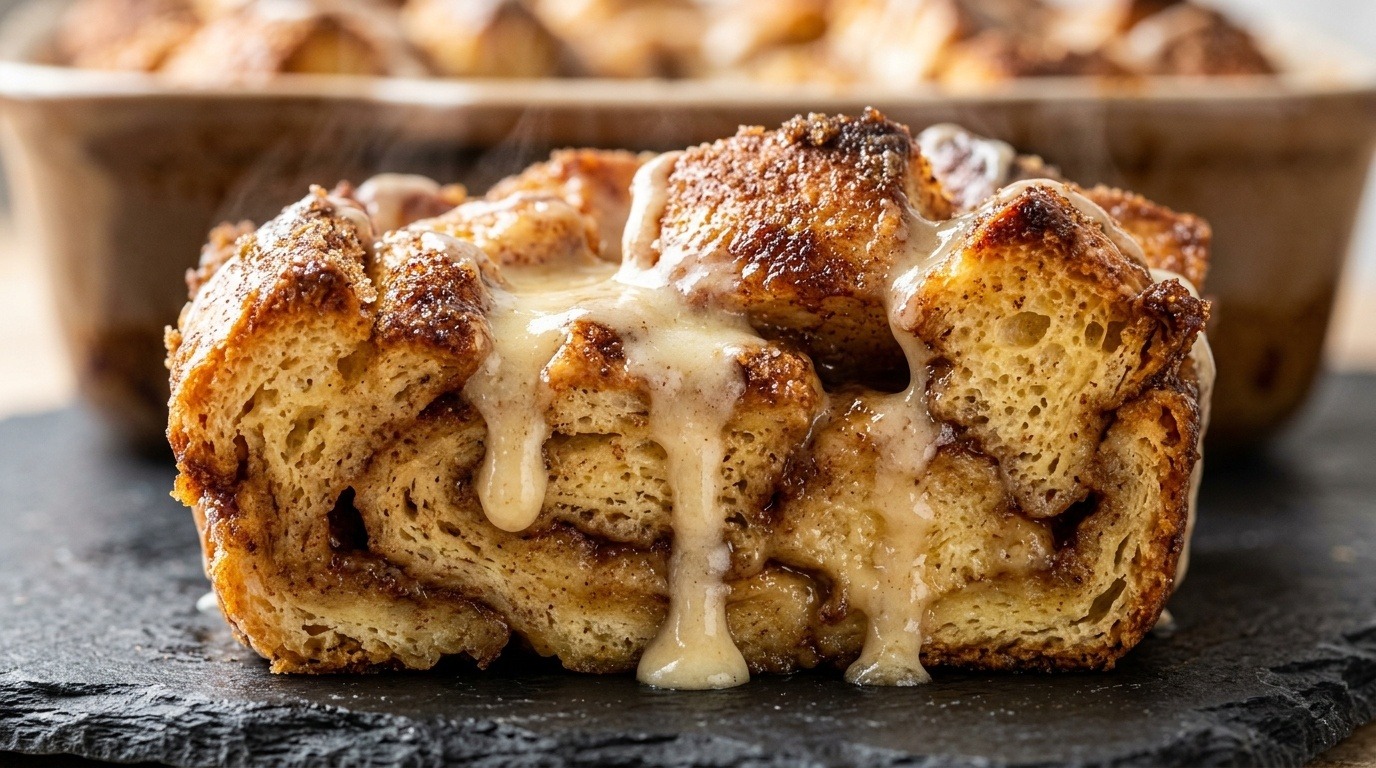 Ultra close-up macro of custard-soaked cinnamon roll French toast casserole with bubbling cinnamon butter swirl and cream cheese glaze fresh from the oven