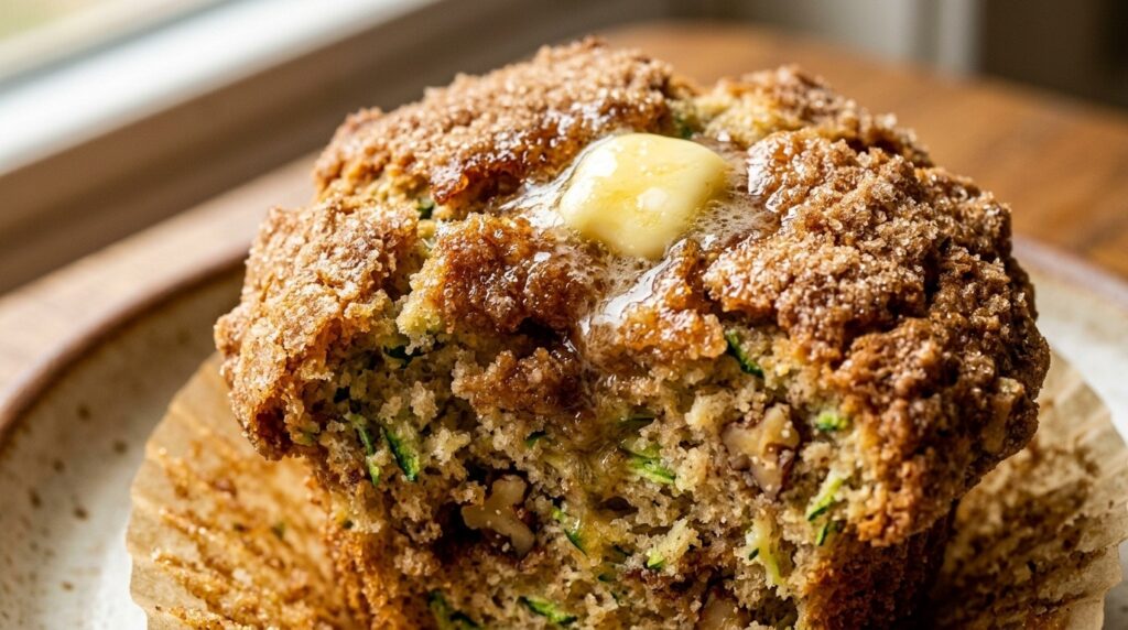 Ultra close-up macro of freshly baked cinnamon spiced zucchini muffins with high domed bakery tops and melted chocolate chips