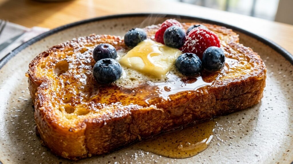 Ultra close-up macro of thick golden brioche French toast dripping with pure amber maple syrup, powdered sugar, and fresh raspberries