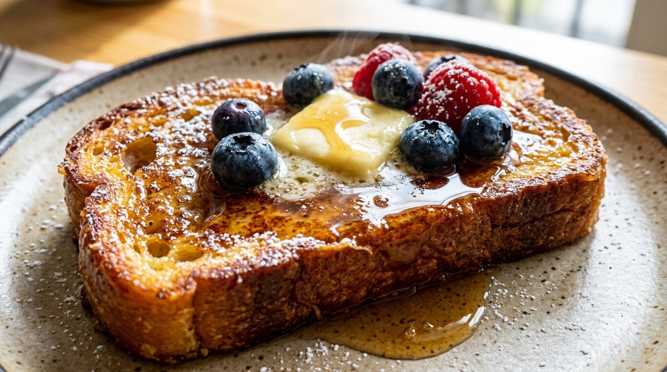 Ultra close-up macro of thick golden brioche French toast dripping with pure amber maple syrup, powdered sugar, and fresh raspberries