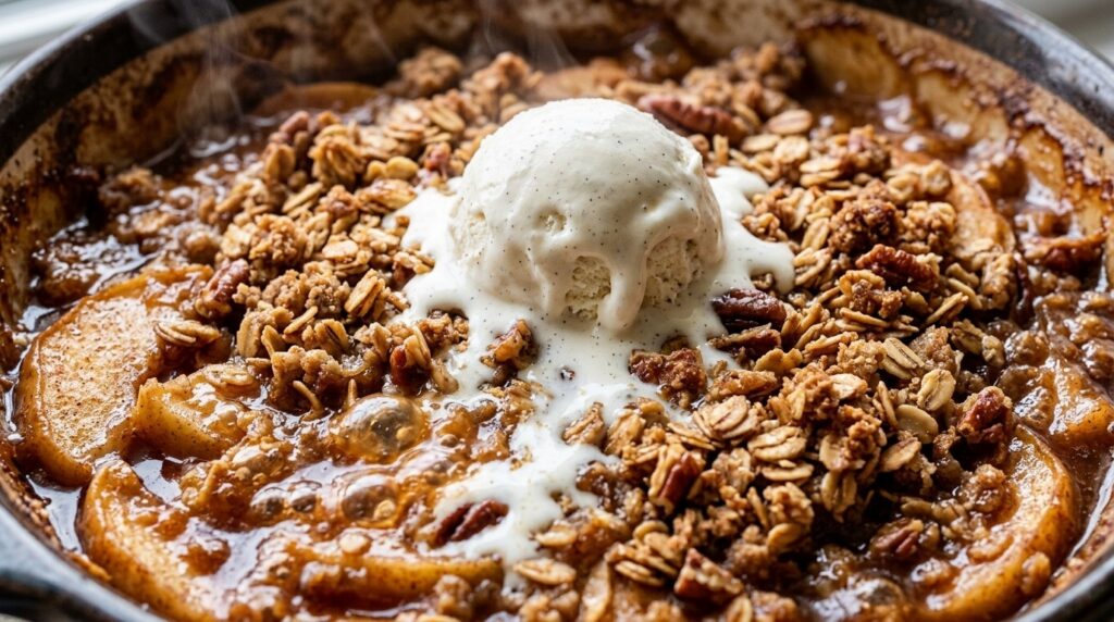 Ultra close-up macro of bubbling cozy cinnamon apple crisp with golden crisp oat streusel topping fresh from the oven