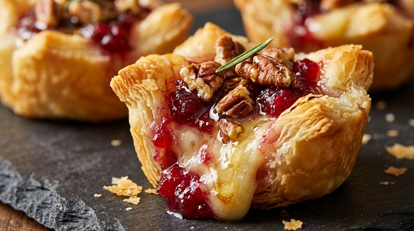 Ultra close-up macro of golden puff pastry cranberry brie bite with bubbly melted brie cheese and toasted pecans