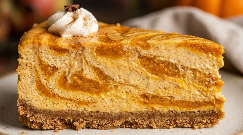 Ultra close-up macro of creamy pumpkin swirl cheesecake bars showing marble swirl pattern on golden graham cracker crust