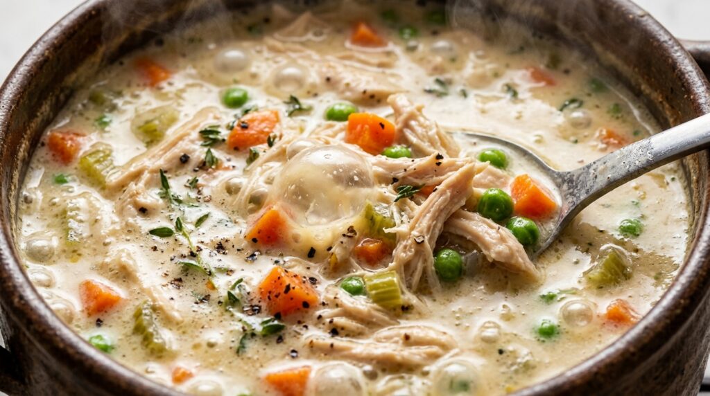 Ultra close-up macro of creamy chicken pot pie soup bubbling in a pot
