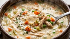 Ultra close-up macro of creamy chicken pot pie soup bubbling in a pot