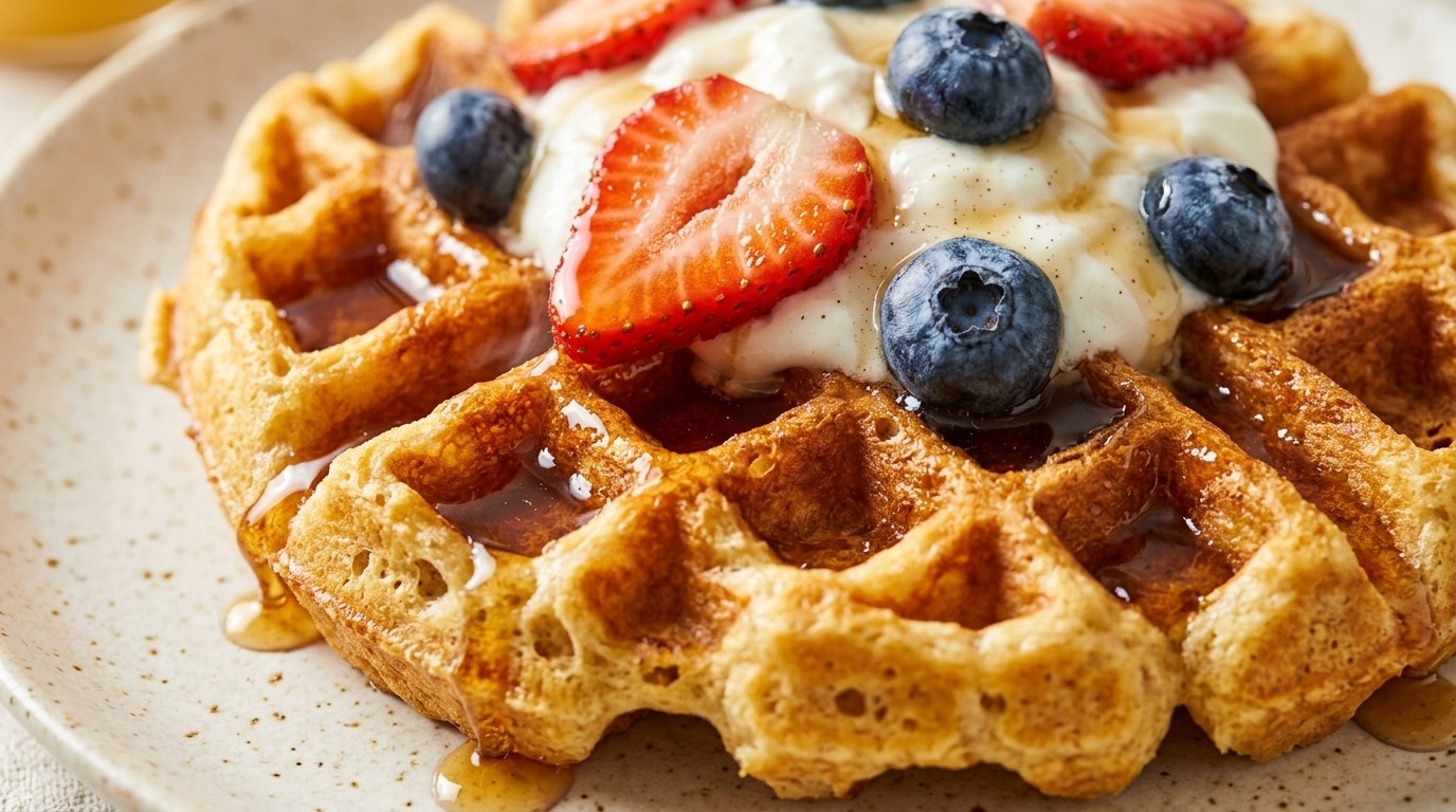 Ultra close-up macro of golden crispy Belgian protein waffles dripping with pure maple syrup and fresh berries