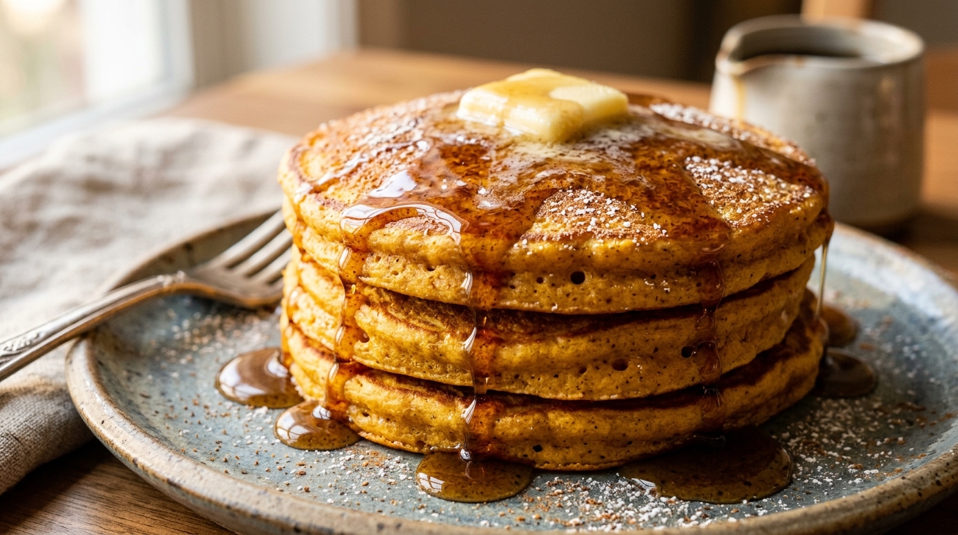 Ultra close-up macro of fluffy golden pumpkin pancakes with melting butter and dripping maple syrup