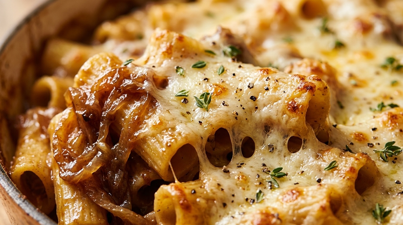 Ultra close-up macro of creamy French onion pasta with al dente rigatoni and melted bubbling Gruyere cheese