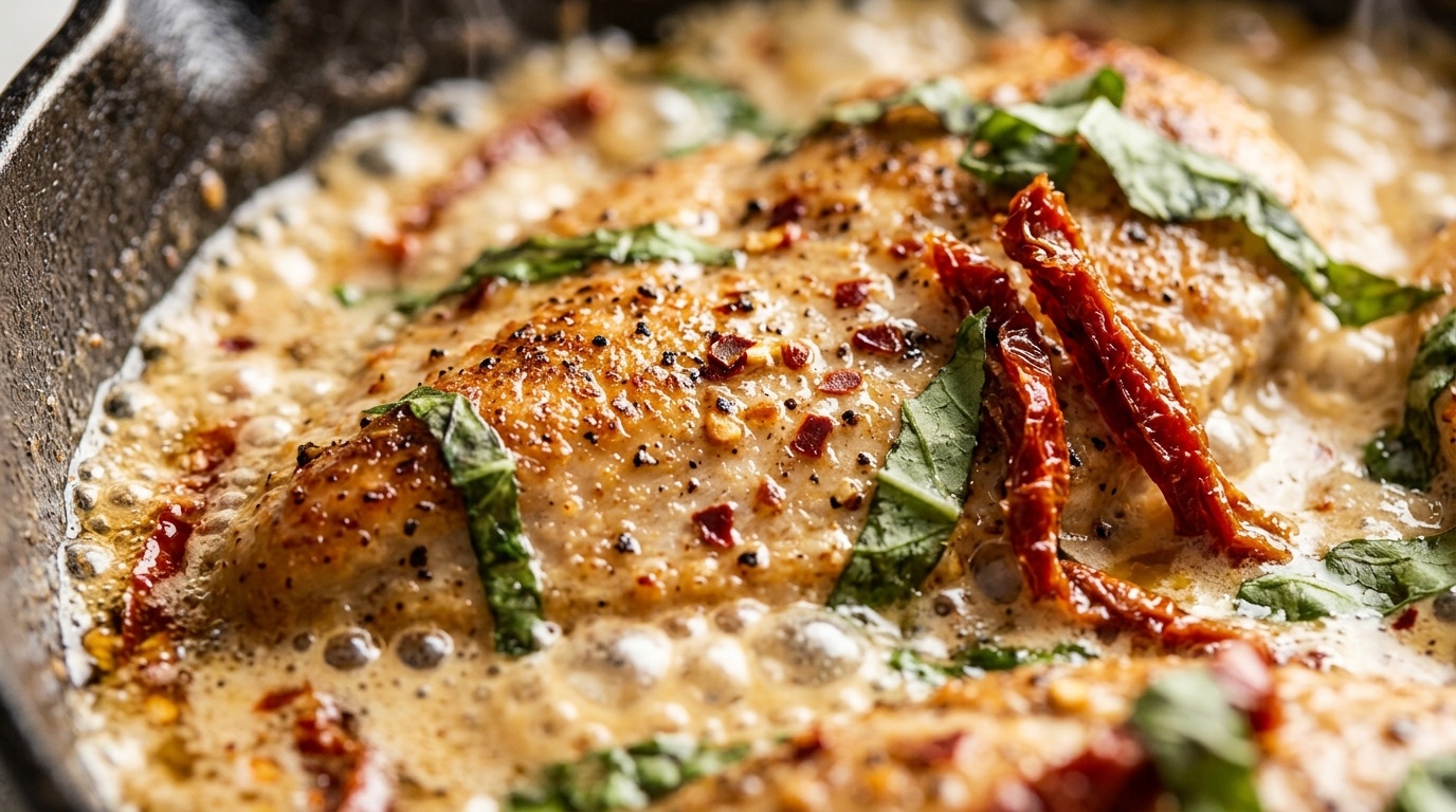 Ultra close-up macro of creamy marry me chicken in skillet with sun-dried tomatoes and fresh basil