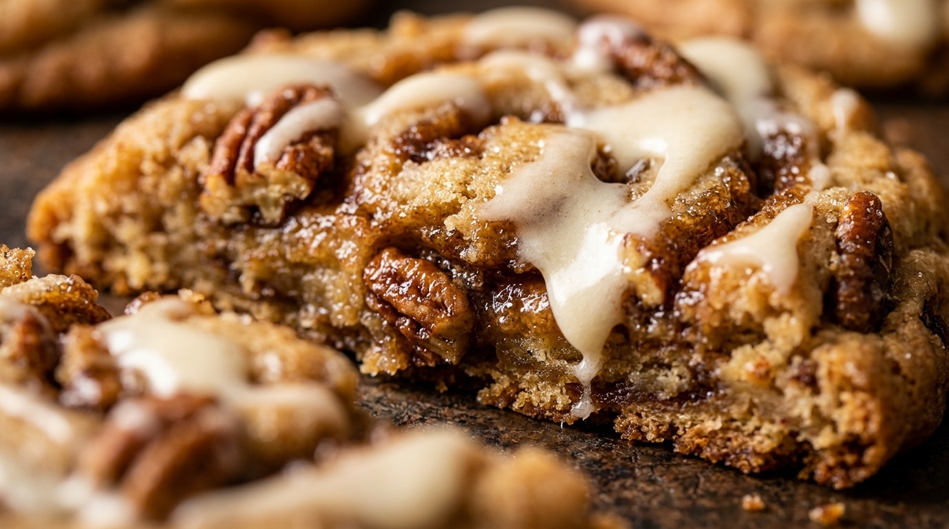 Ultra close-up macro of chewy brown butter pecan cinnamon roll cookie with cream cheese glaze