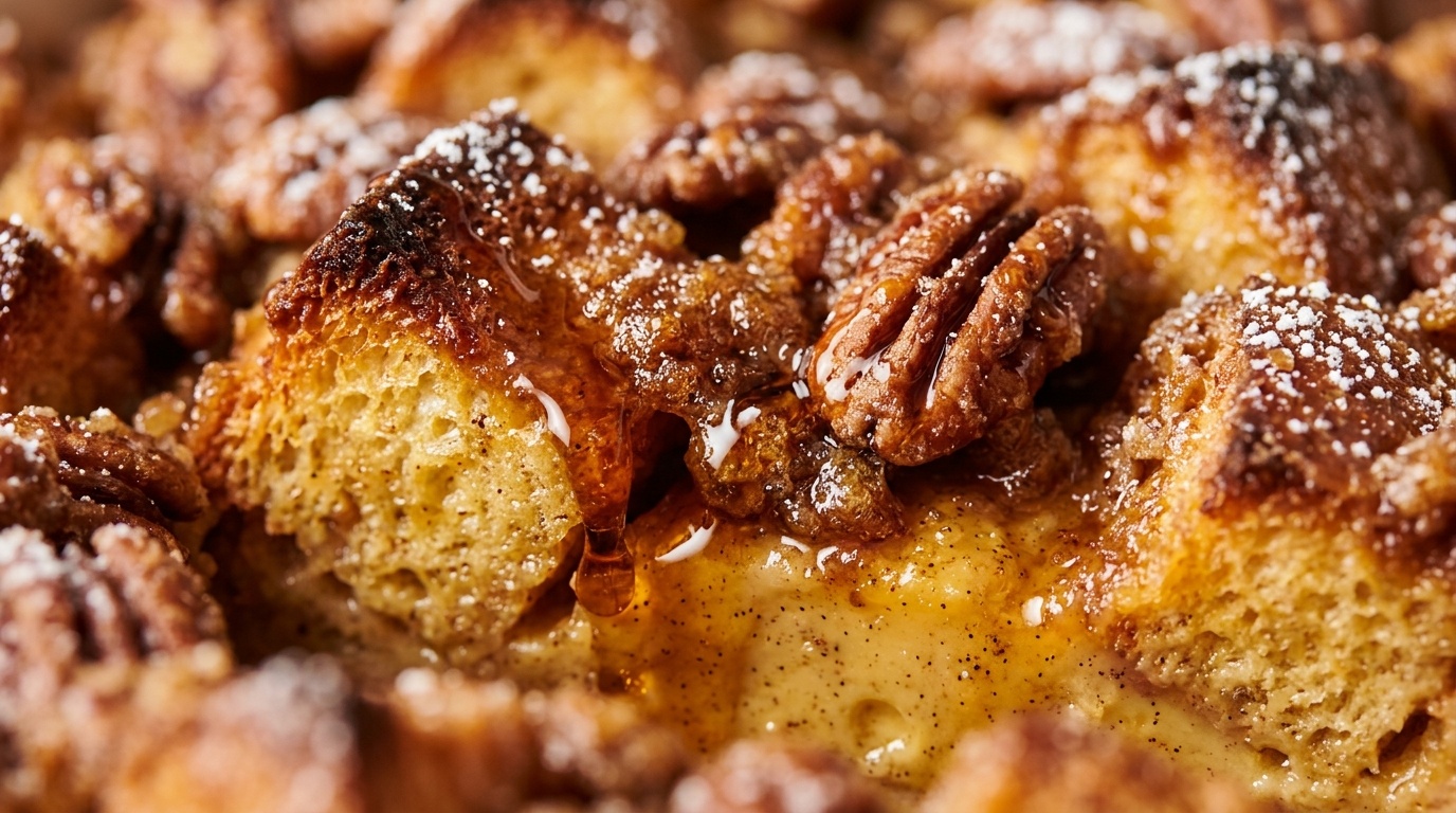 Ultra close-up macro of overnight baked pecan praline french toast casserole with bubbling caramel crust